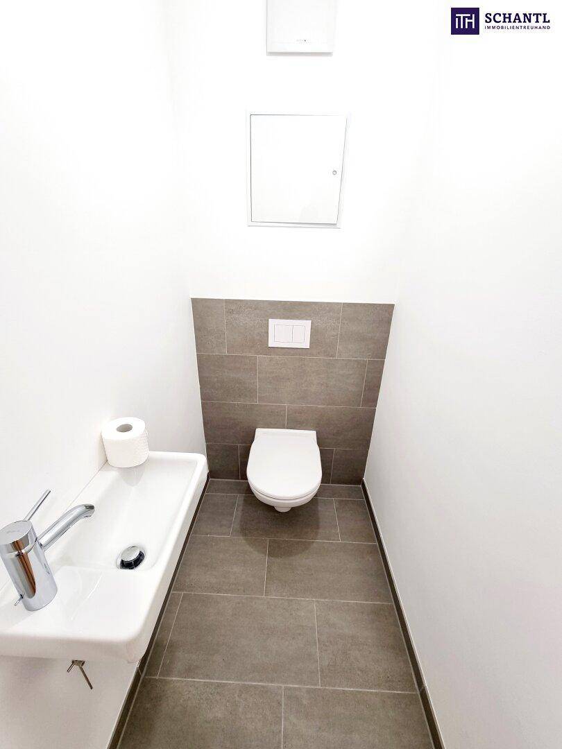 Modernes Gäste-WC mit wandhängender Toilette, kleinem Waschbecken und grauen Fliesen.