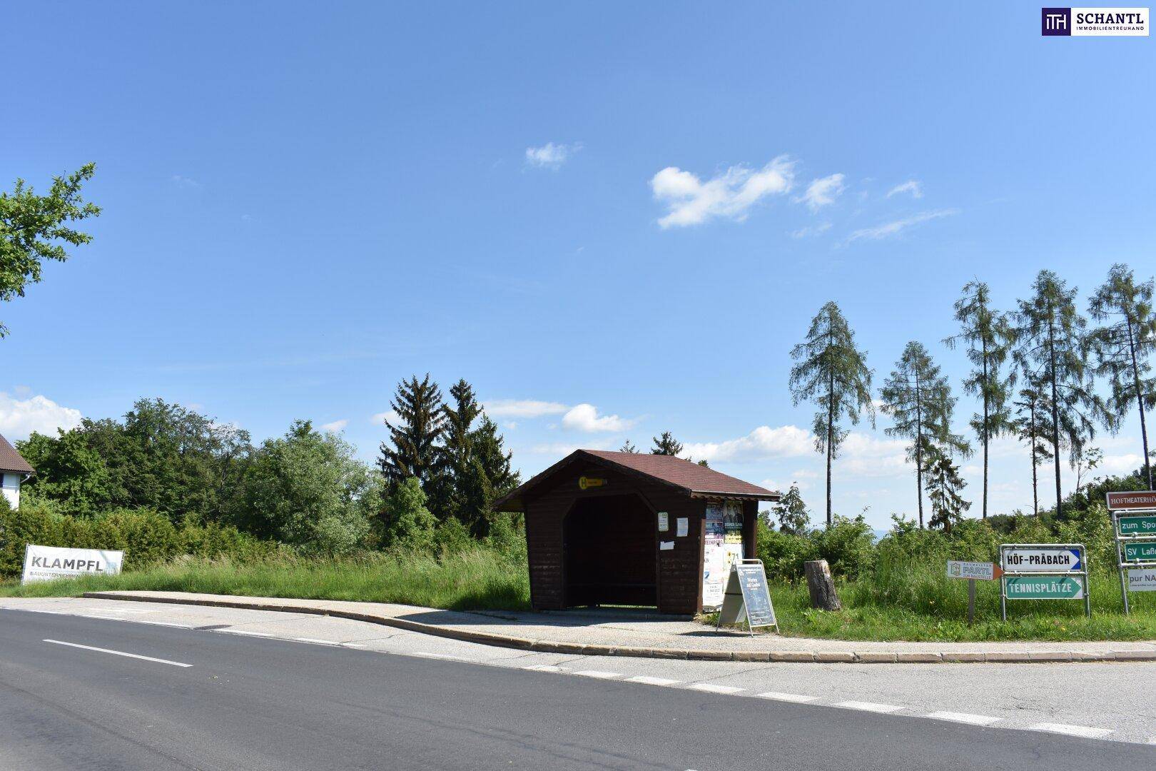 Straße mit einem kleinen Holzunterstand und Wegweisern in einer ländlichen Umgebung.