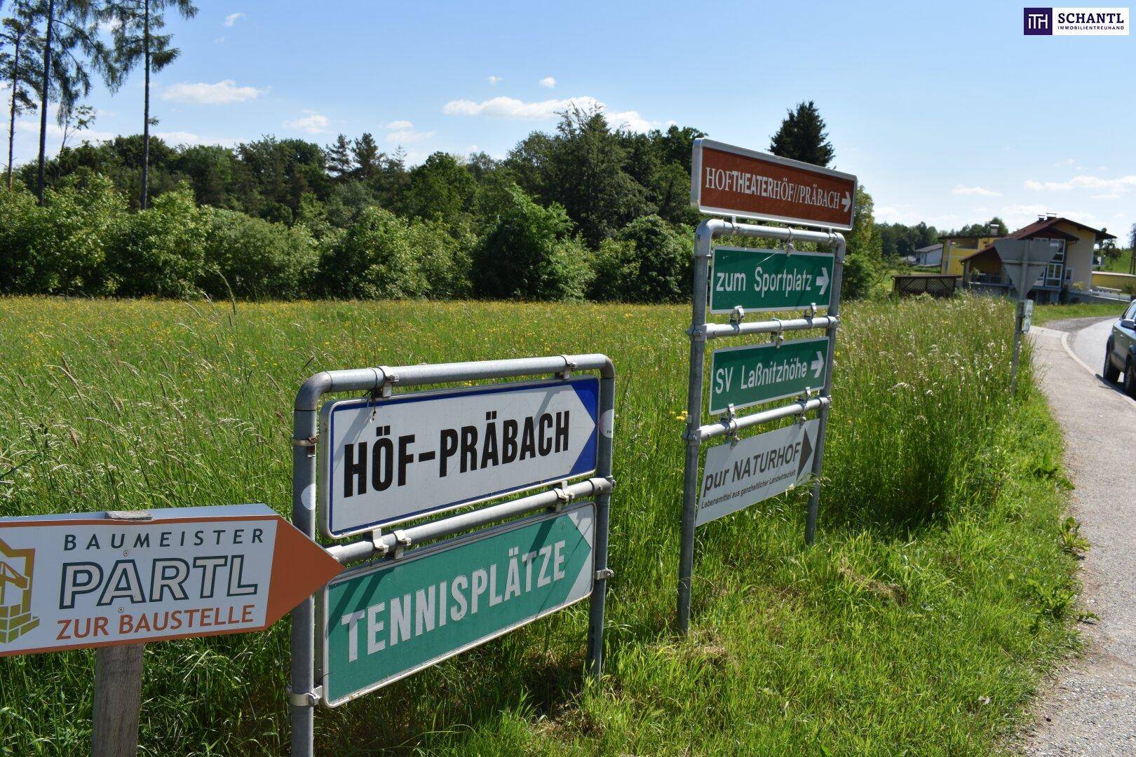 Mehrere Wegweiser mit Richtungsangaben zu lokalen Sportplätzen und Höfen.