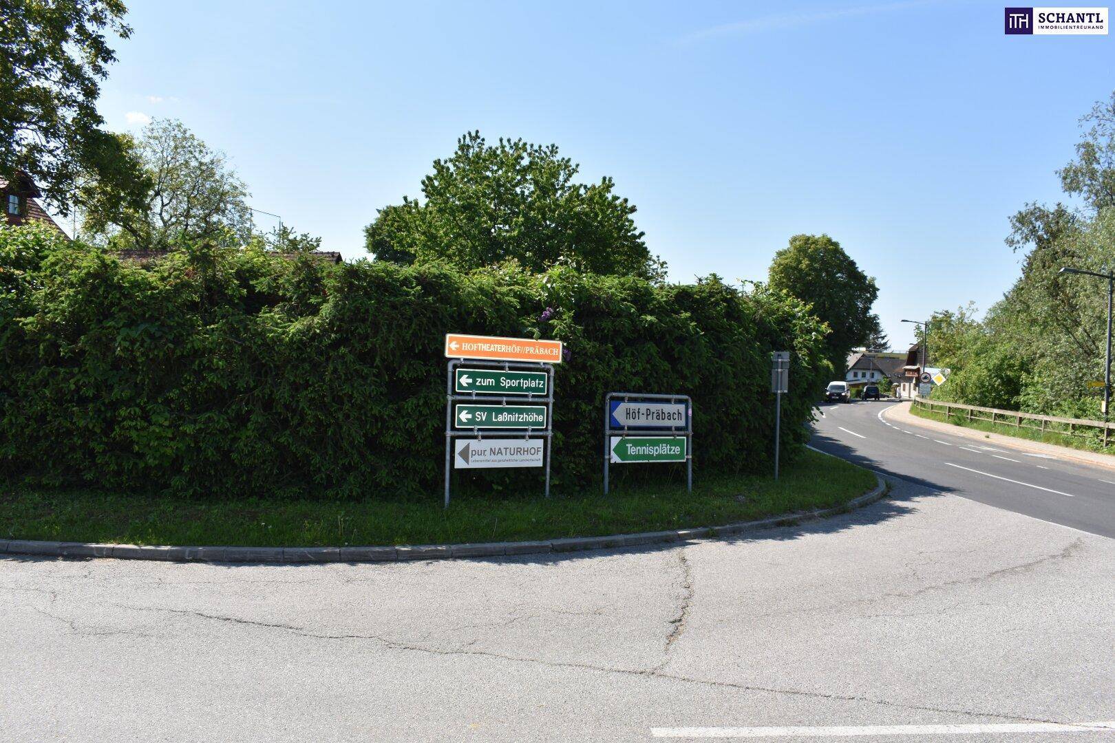 Straßenkreuzung mit dichter Hecke und mehreren Wegweisern in ländlicher Umgebung.
