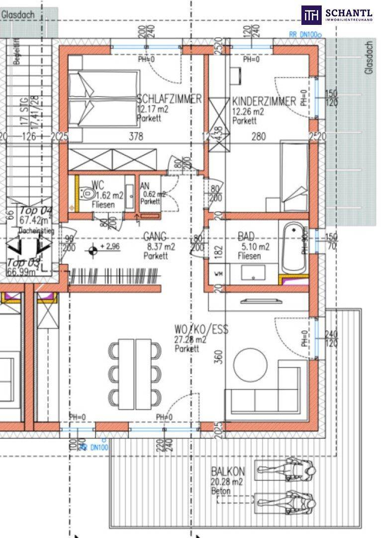 Grundriss einer Wohnung mit offenem Wohnbereich, zwei Schlafzimmern und großem Balkon.