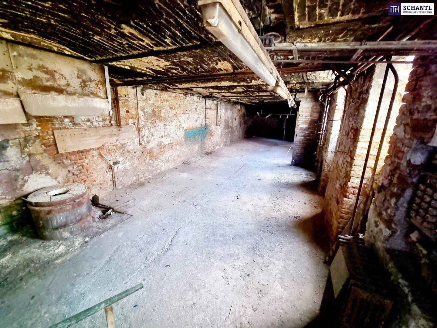 Unausgebauter Kellerraum mit unverputzten Ziegelwänden und Betonboden.
