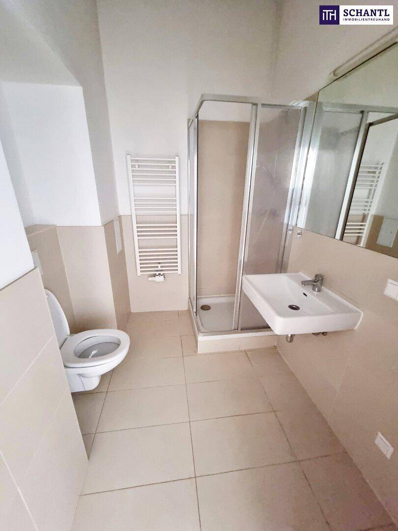 Modernes Badezimmer mit Duschkabine, WC, Waschbecken und beheiztem Handtuchhalter.