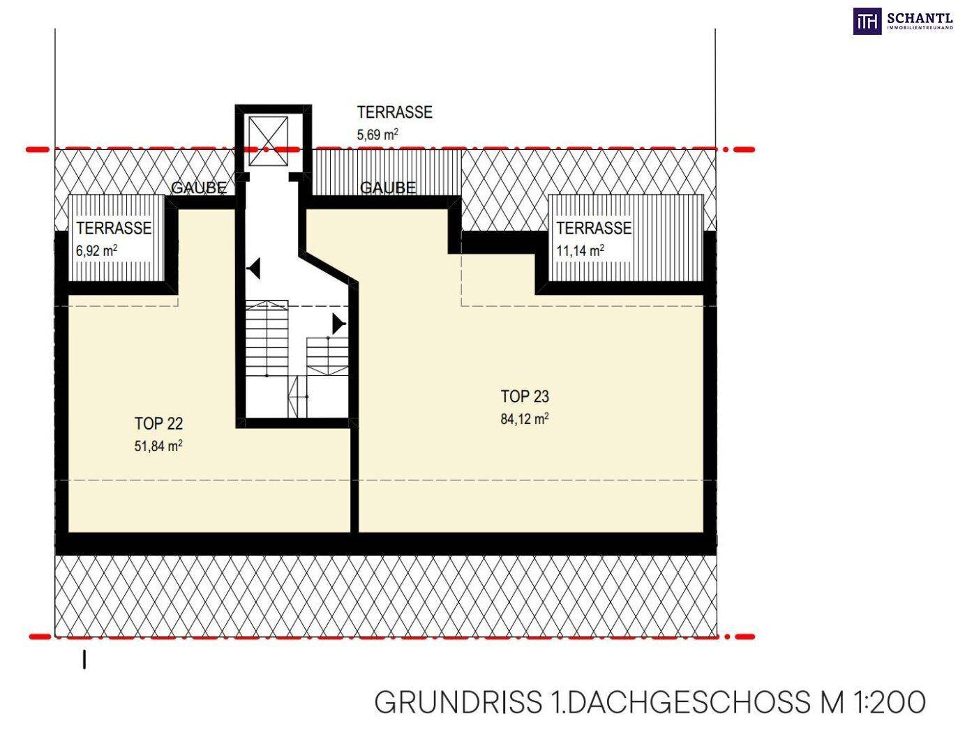 Grundriss des 1. Dachgeschosses mit zwei Wohneinheiten und großzügigen Terrassen.