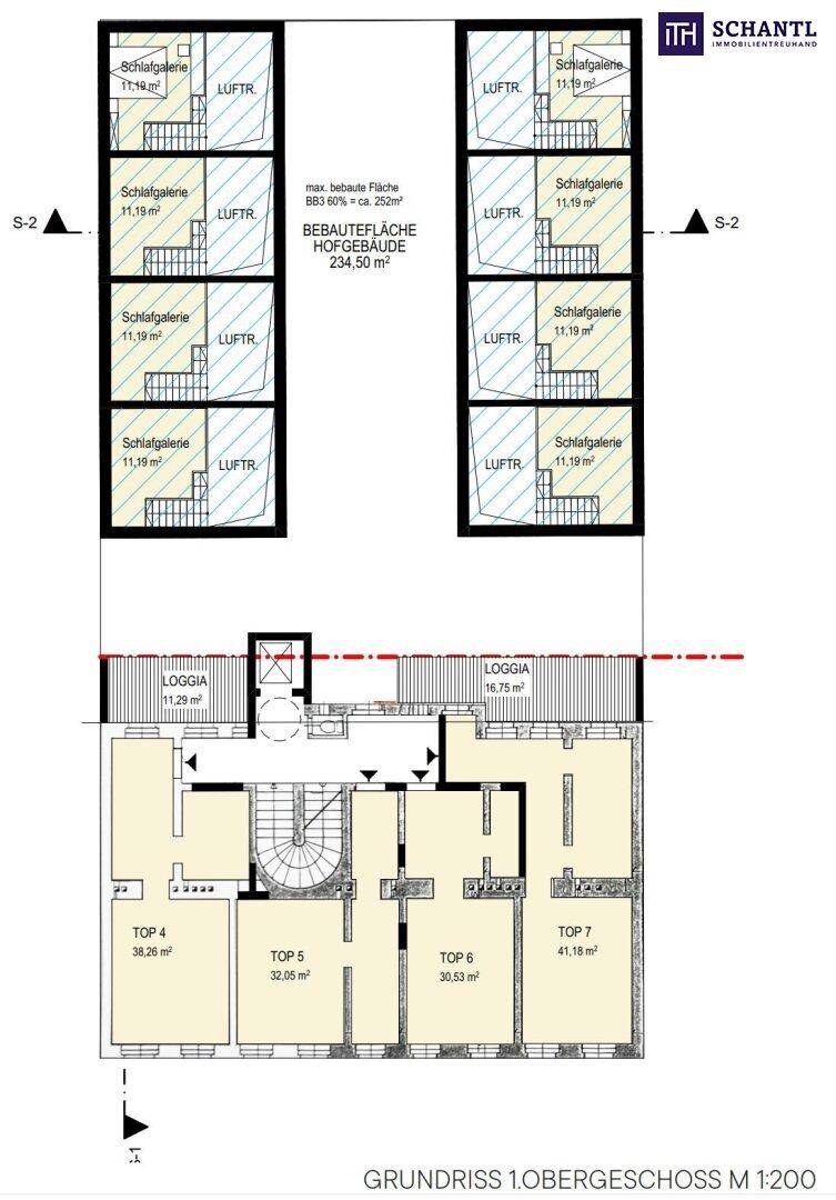 Grundriss des 1. Obergeschosses mit Loggien und Schlafgalerien.