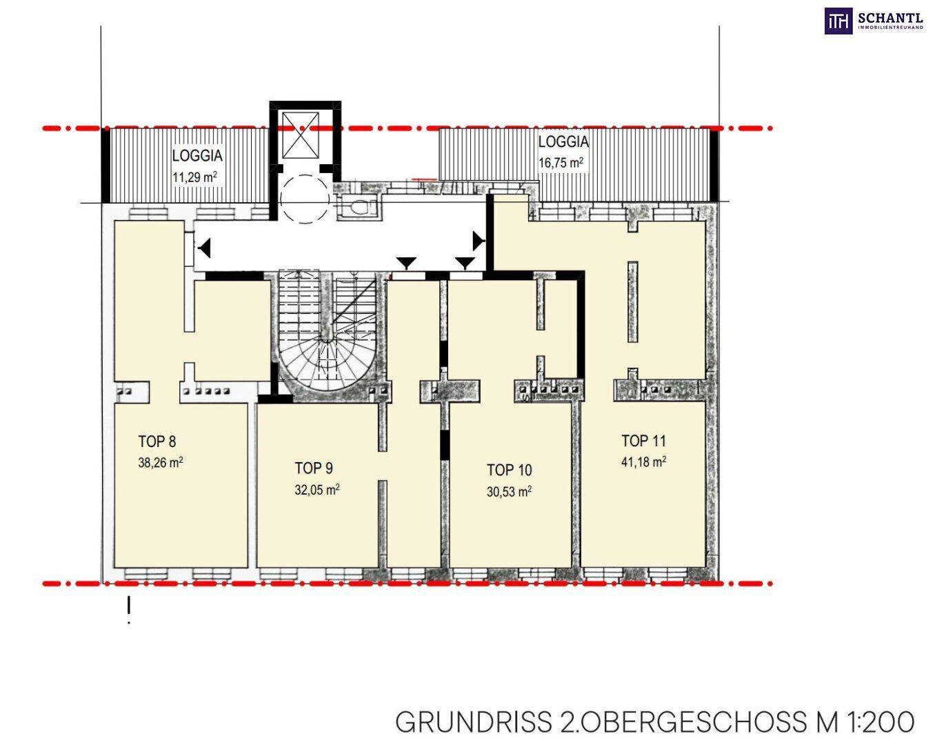 Grundriss des 2. Obergeschosses mit Loggien und mehreren Wohneinheiten.