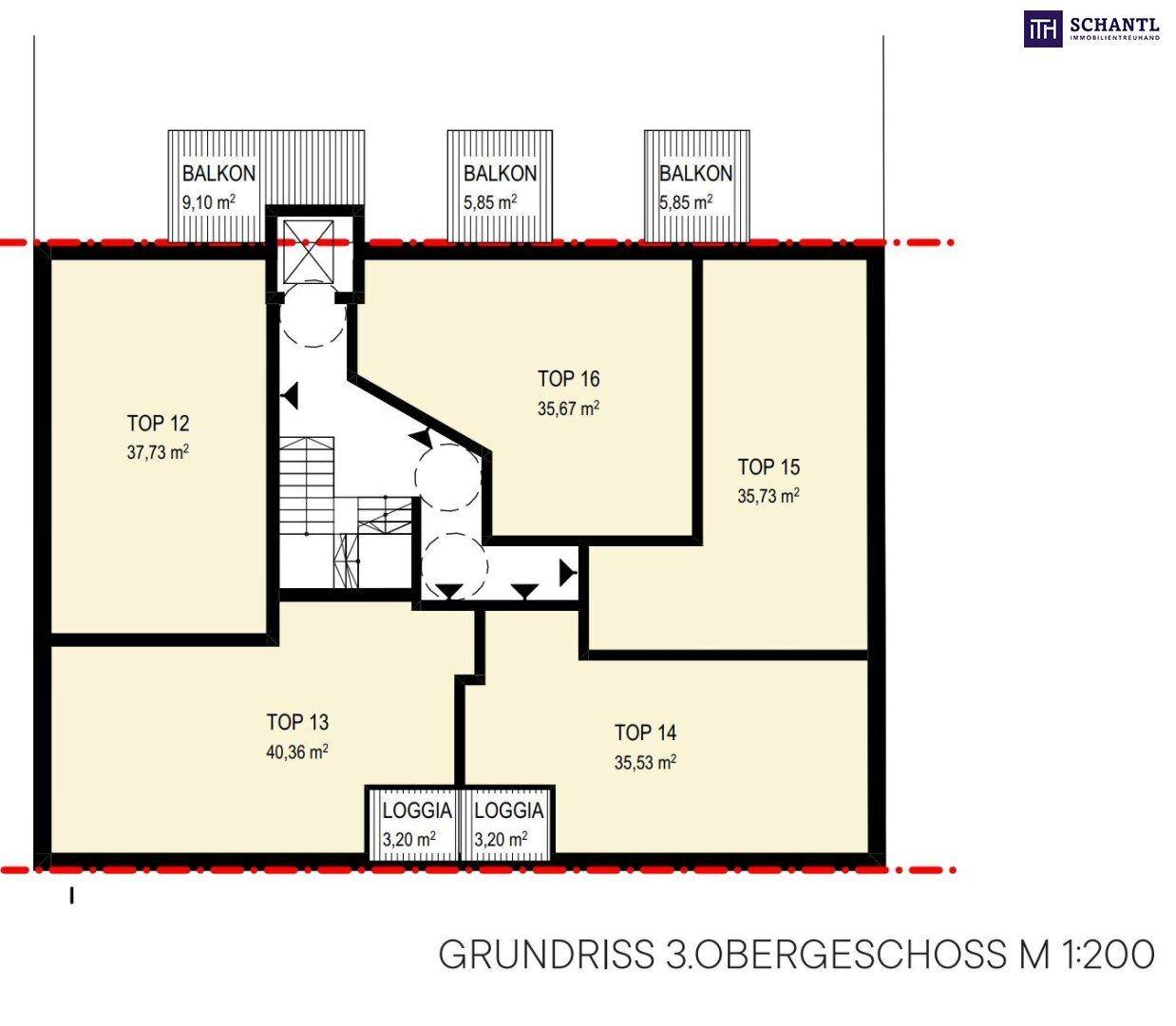Grundriss des 3. Obergeschosses mit mehreren Wohneinheiten, Balkonen und Loggien.
