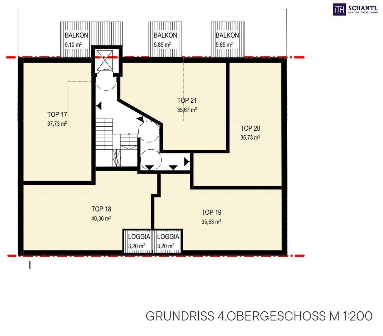 Grundriss des 4. Obergeschosses mit mehreren Wohneinheiten, Balkonen und Loggien.