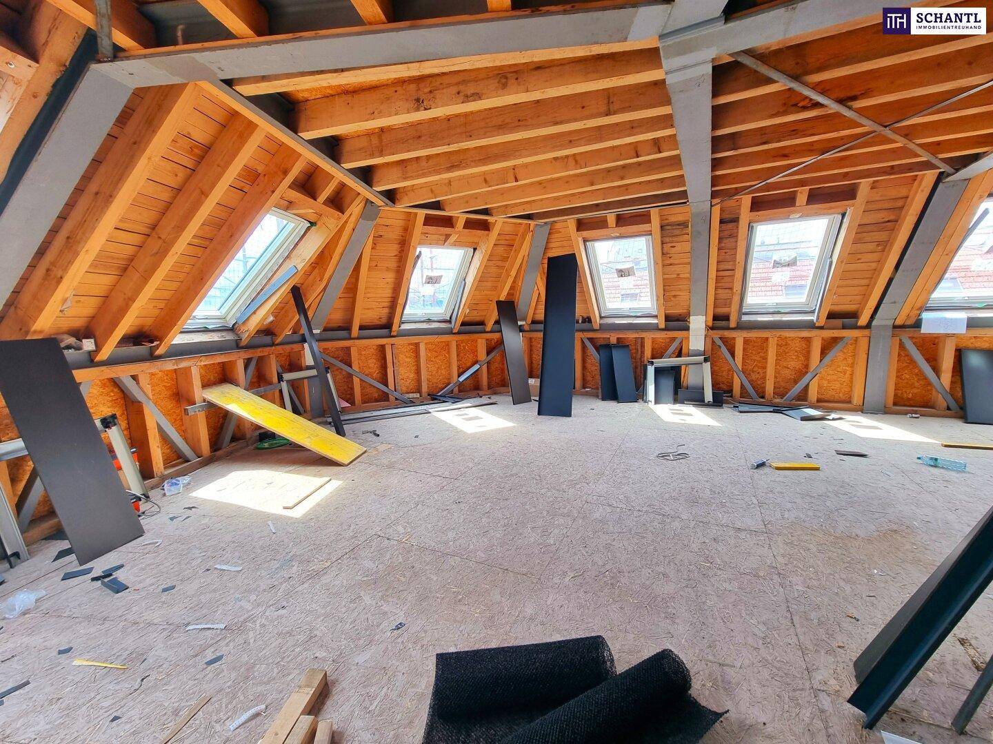 Geräumiger, unausgebauter Dachboden mit vielen Dachfenstern und sichtbarer Holzkonstruktion.