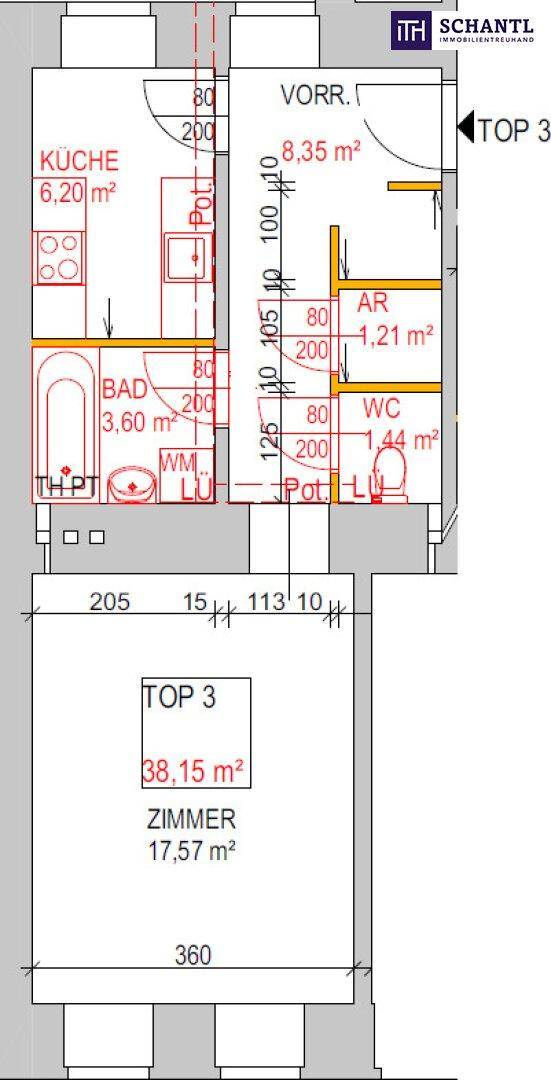 Grundriss der Wohnung Top 3 mit Zimmer, Küche, Bad und separatem WC.
