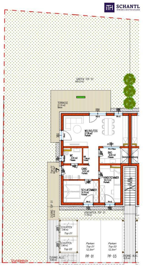 Detaillierter Grundriss mit Terrasse, Garten und Carport-Bereich.