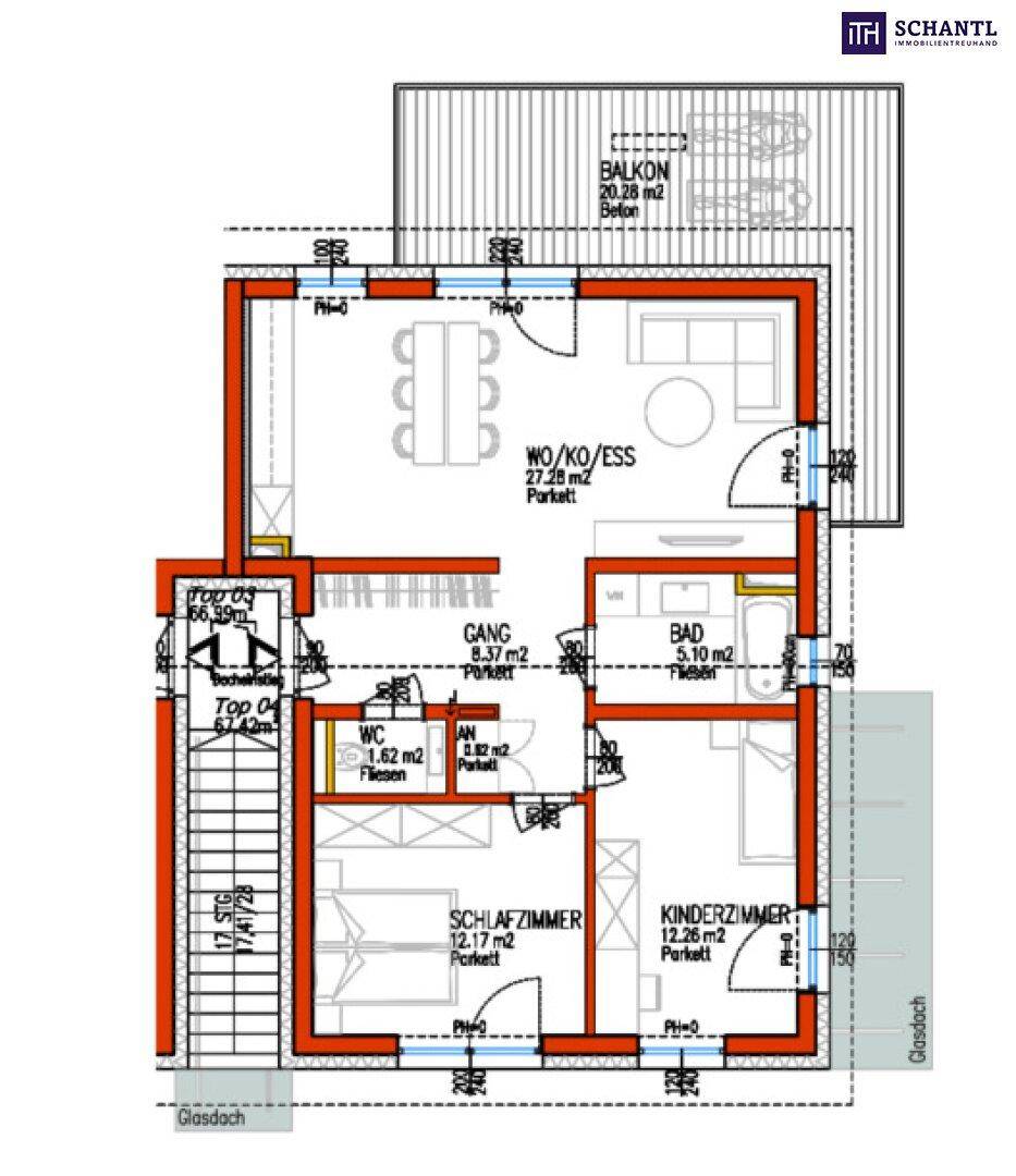 Grundriss des Obergeschosses mit Wohn-Essbereich, zwei Schlafzimmern, Bad und Balkon.