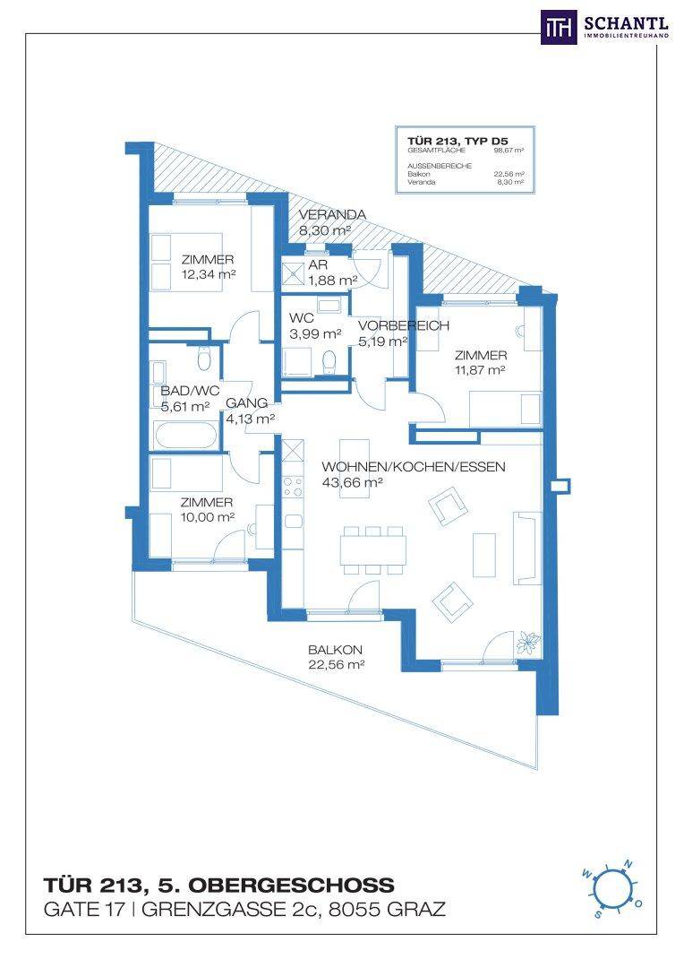 Grundrissplan einer Wohnung im 5. Obergeschoss mit offenem Wohnbereich, drei Zimmern, Bad, separatem WC, Balkon und Veranda.