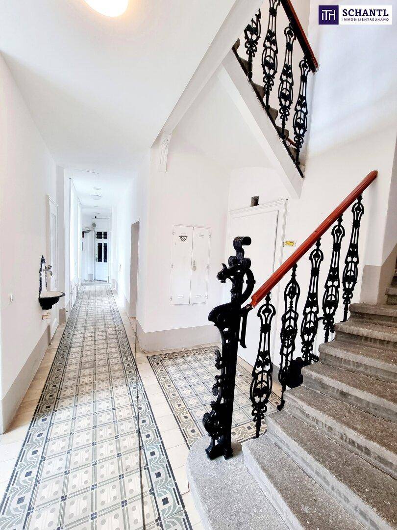Eleganter Eingangsbereich eines Altbaus mit kunstvoller Steintreppe, schmiedeeisernem Geländer und gemusterten Fliesen.