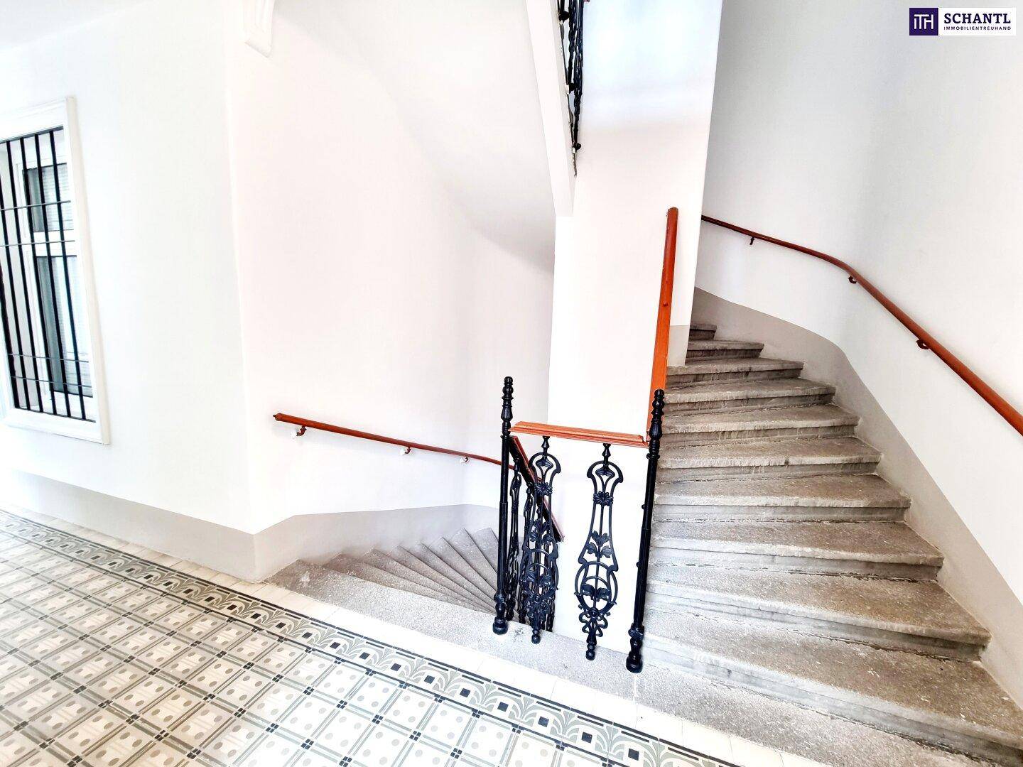 Steintreppe mit schmiedeeisernem Geländer und Holzhandlauf, ergänzt durch gemusterte Fliesen.