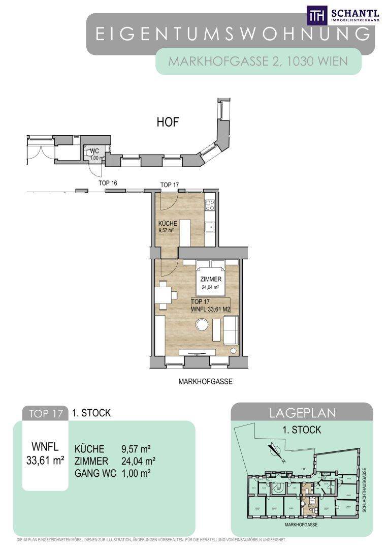 Grundriss der Eigentumswohnung Top 17 im 1. Stock mit Küche, Zimmer und WC.