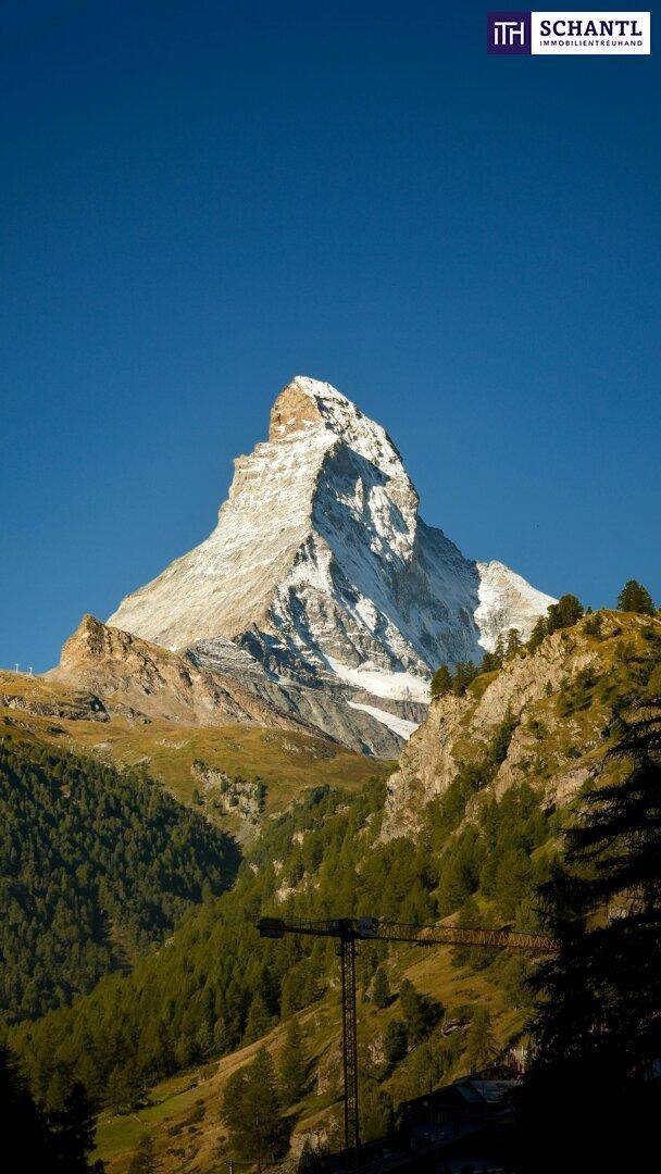 Majestätischer schneebedeckter Berg mit grünen Wäldern und weitem Himmel.