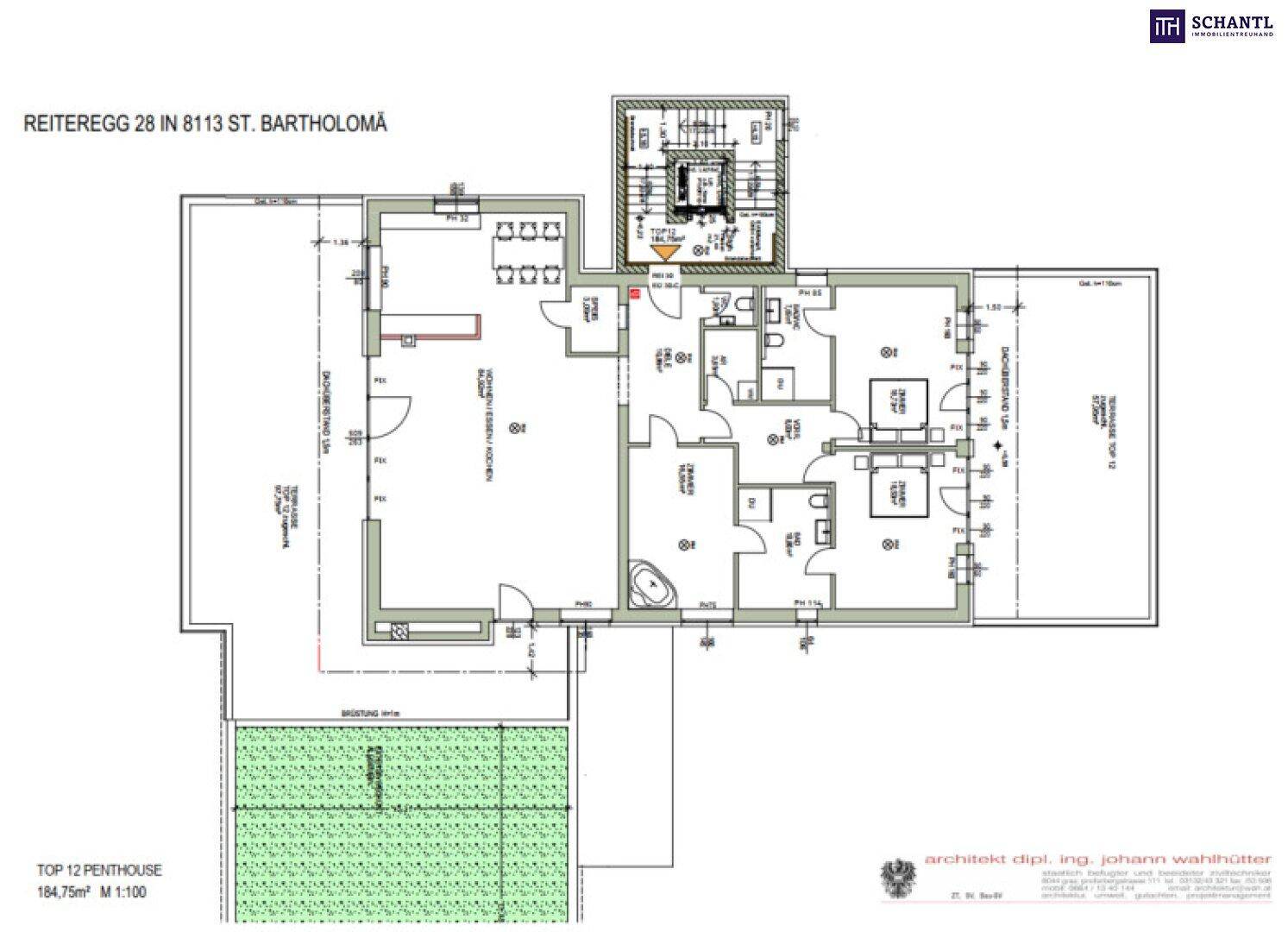 Grundriss eines Penthouses mit mehreren Zimmern, Bädern, einer Terrasse, einem Garten und einer Dachterrasse.
