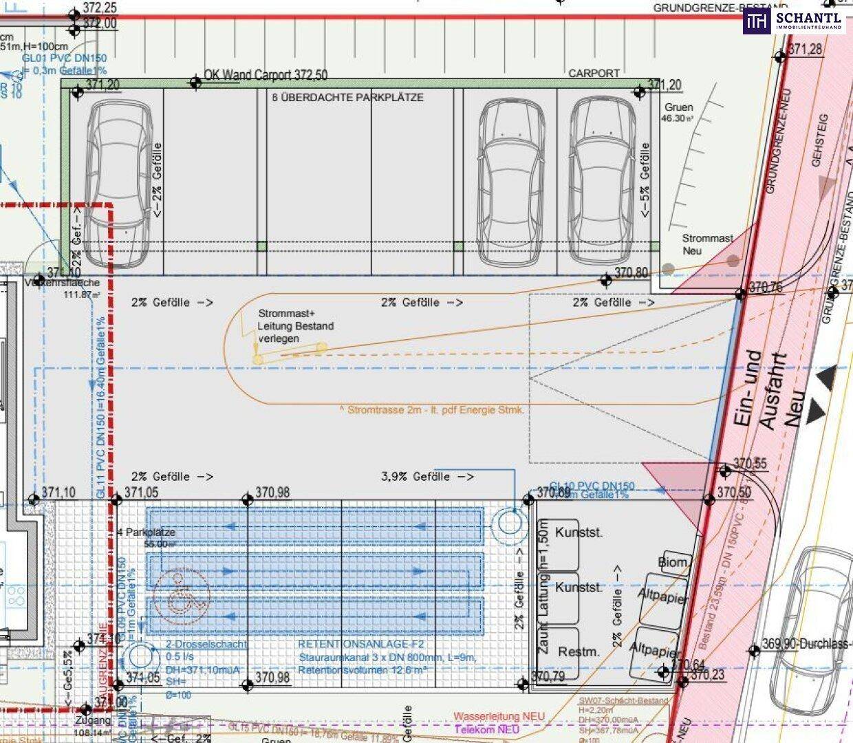 Lageplan mit überdachten und unüberdachten Parkplätzen sowie Zufahrten und technischen Details.
