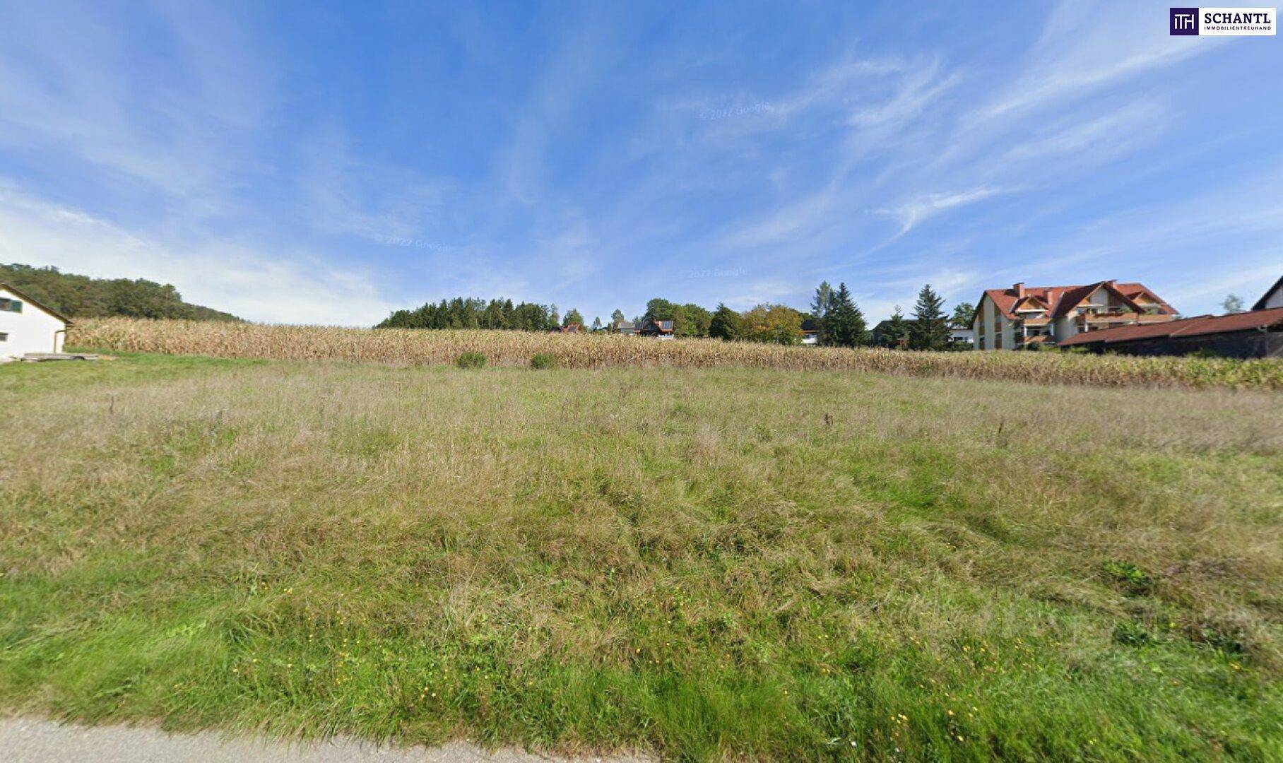 Weitläufiges Grundstück mit Blick auf Felder und umliegende Häuser unter blauem Himmel.