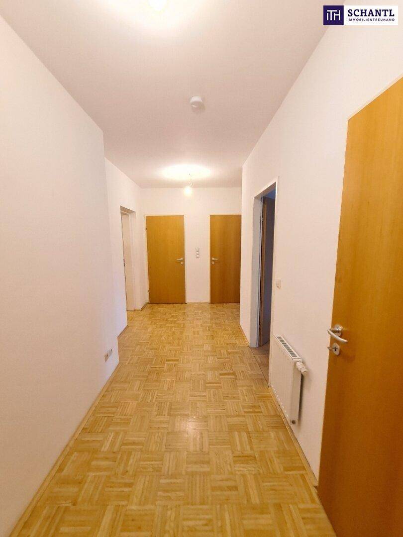 Heller Flur mit Parkettboden und mehreren Türen zu angrenzenden Räumen.