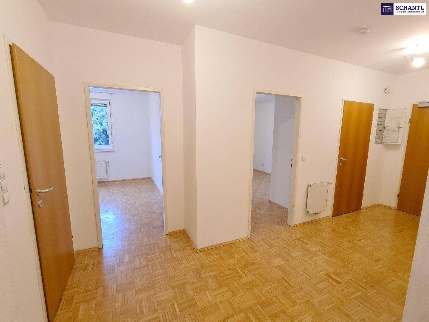 Geräumiger Raum mit Parkettboden und mehreren Zugängen zu weiteren Zimmern.