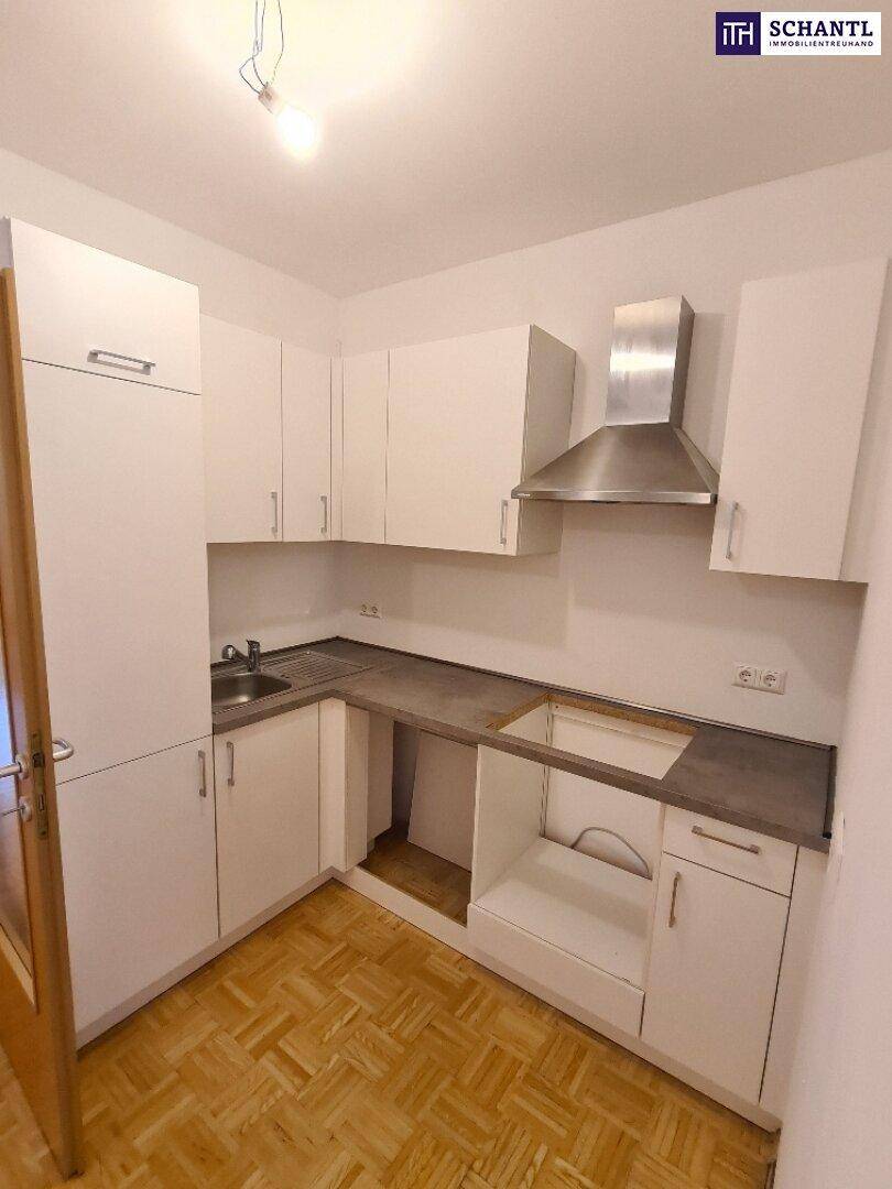 Funktionale Küche mit weißen Schränken, Spüle und Dunstabzugshaube, ohne Geräte.