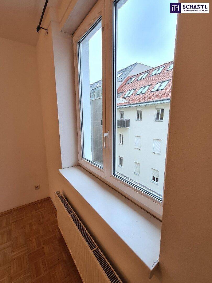 Fenster mit Blick auf ein gegenüberliegendes Gebäude und dessen Dachlandschaft.