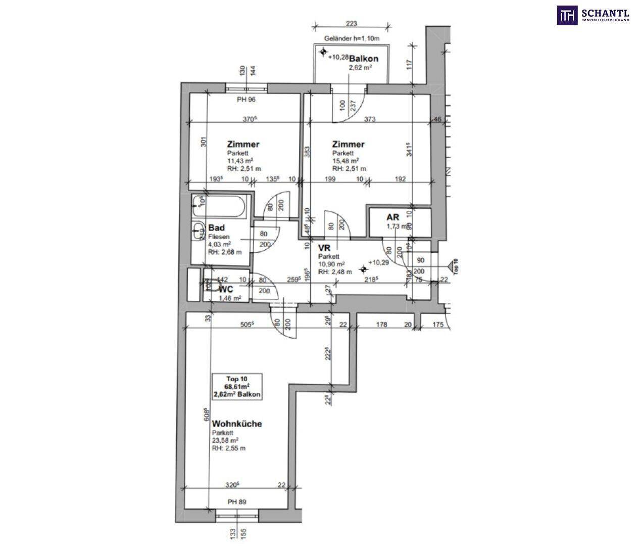 Detaillierter Grundriss einer Wohnung mit Zimmern, Bad, WC und Balkonen.