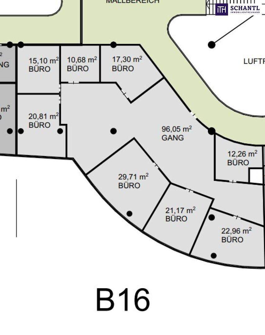 Detaillierter Grundriss mit mehreren Büroräumen und einem langen Flur, inklusive Flächenangaben.