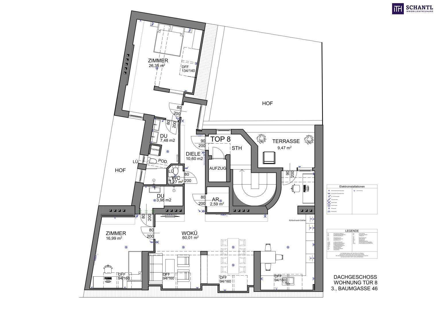 Grundriss der Dachgeschosswohnung Top 8 mit Terrasse und mehreren Zimmern, übersichtlich dargestellt.