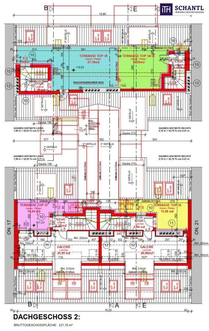 Dachgeschoss 2 Grundriss mit Terrassen und der Aufteilung der oberen Wohneinheiten.