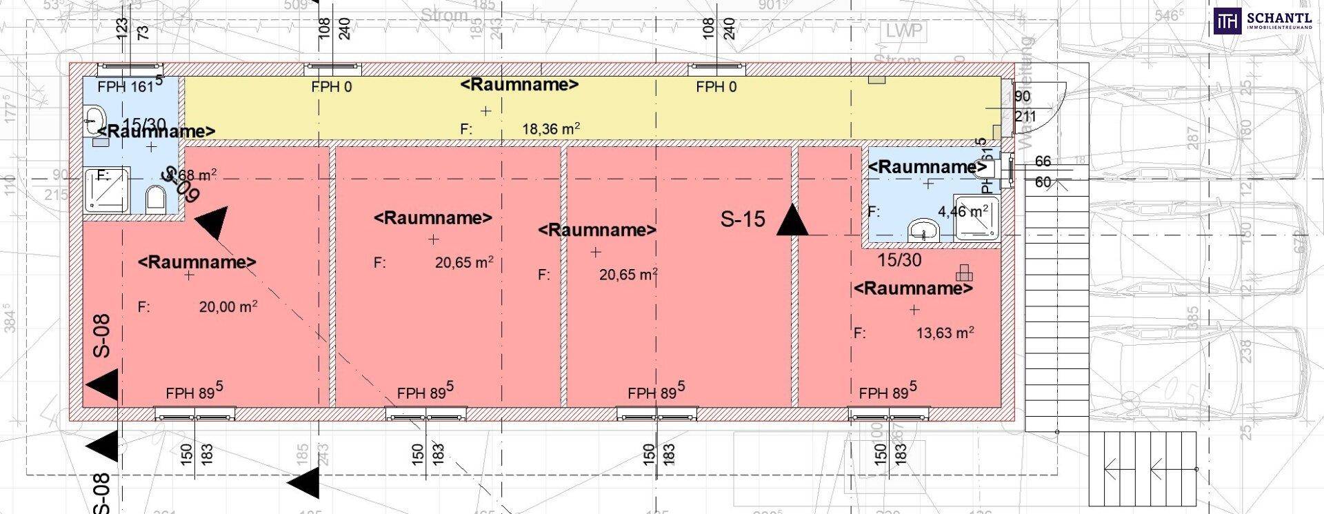 Grundrissplan eines Gebäudes mit mehreren Räumen, darunter zwei Badezimmer und eine Außentreppe.