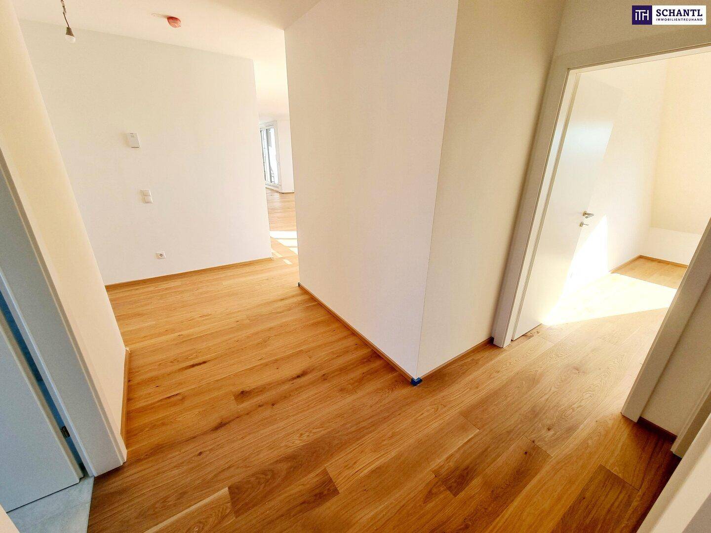 Heller Flur mit Holzboden und Zugang zu weiteren Räumen, modern und funktional.