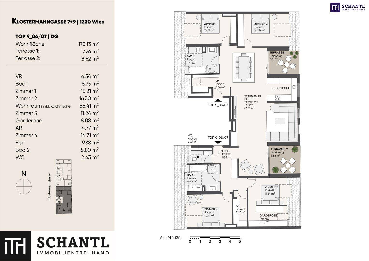 Detaillierter Grundriss einer Wohnung mit mehreren Zimmern, Terrassen und offenem Wohnbereich.