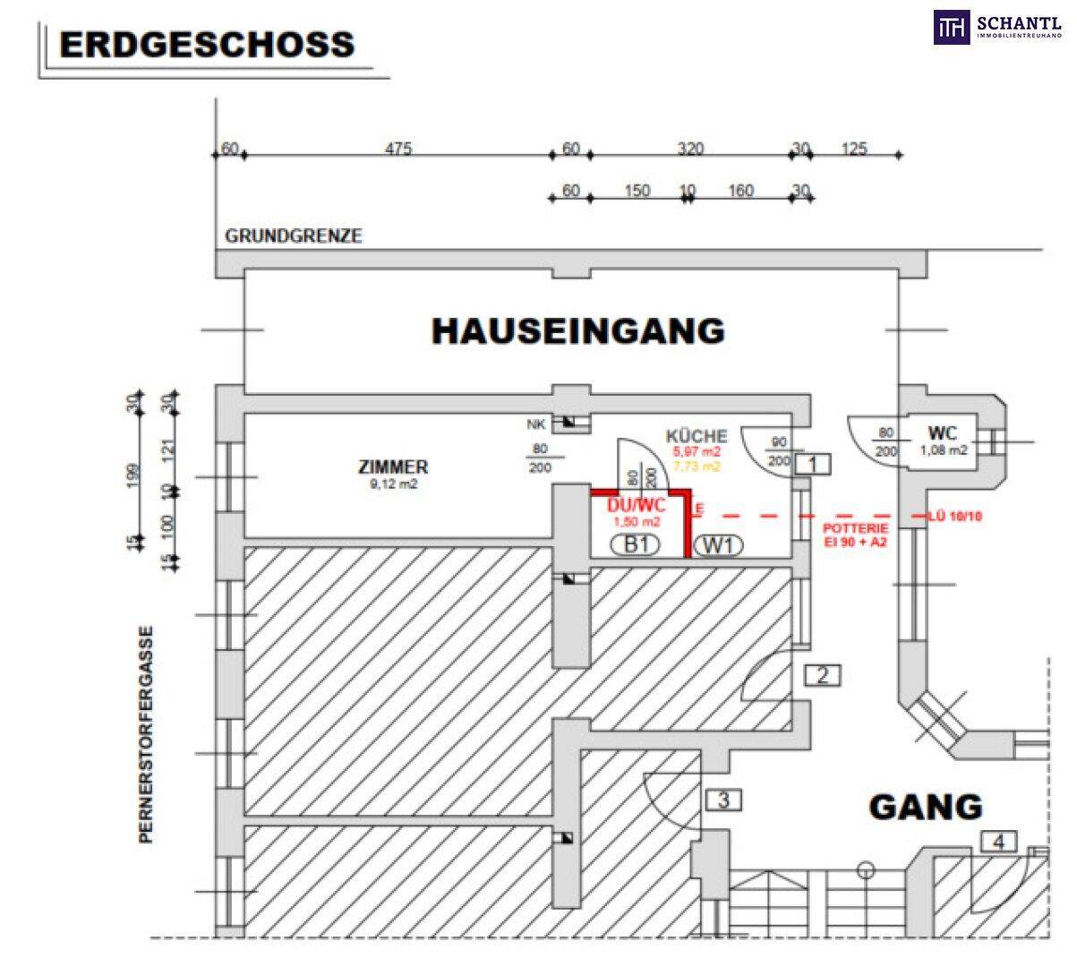 Grundriss des Erdgeschosses mit Hauseingang, Zimmer, Küche, Dusch-WC und separatem WC.