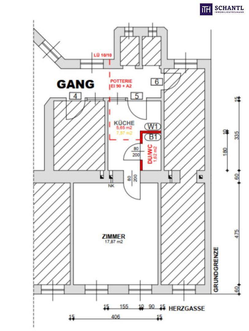 Grundriss einer Wohnung mit Zimmer, Küche und Gang, inklusive Maßen und Raumaufteilung.