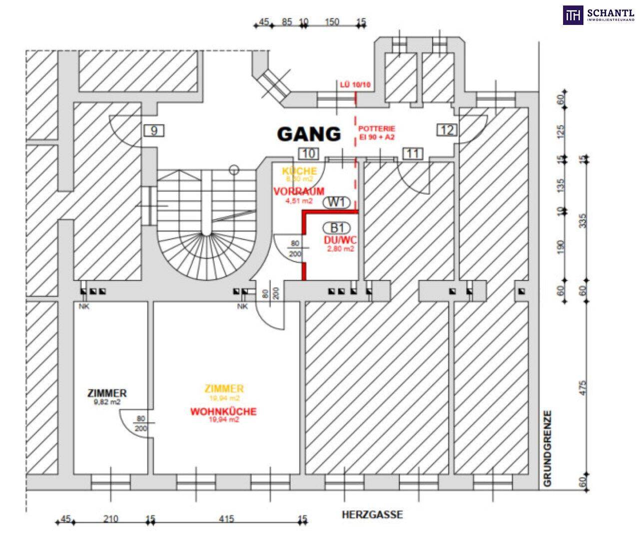 Grundrissplan einer Wohnung mit mehreren Zimmern, offener Wohnküche und Bad, inklusive Treppenhaus.
