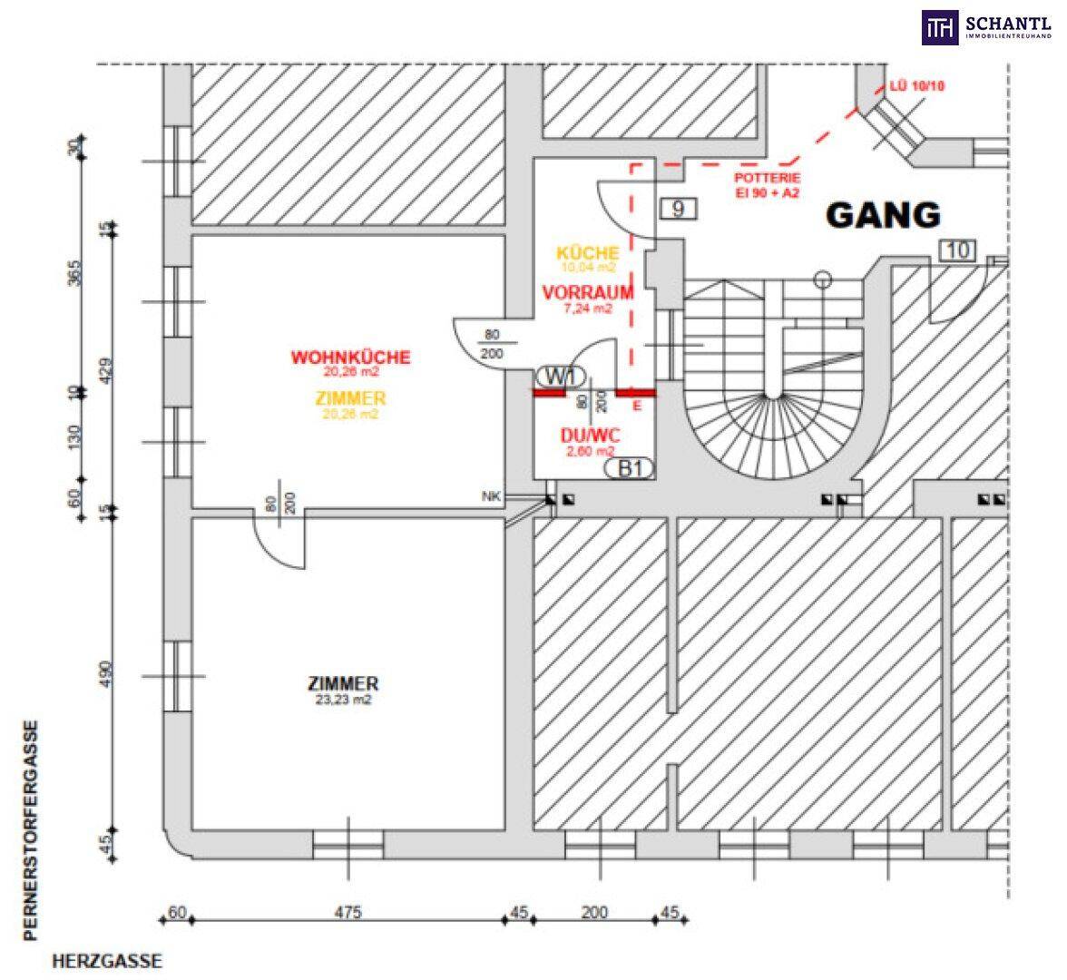 Grundriss einer Wohnung mit Wohnküche, Zimmern und Bad, inklusive Maßen.