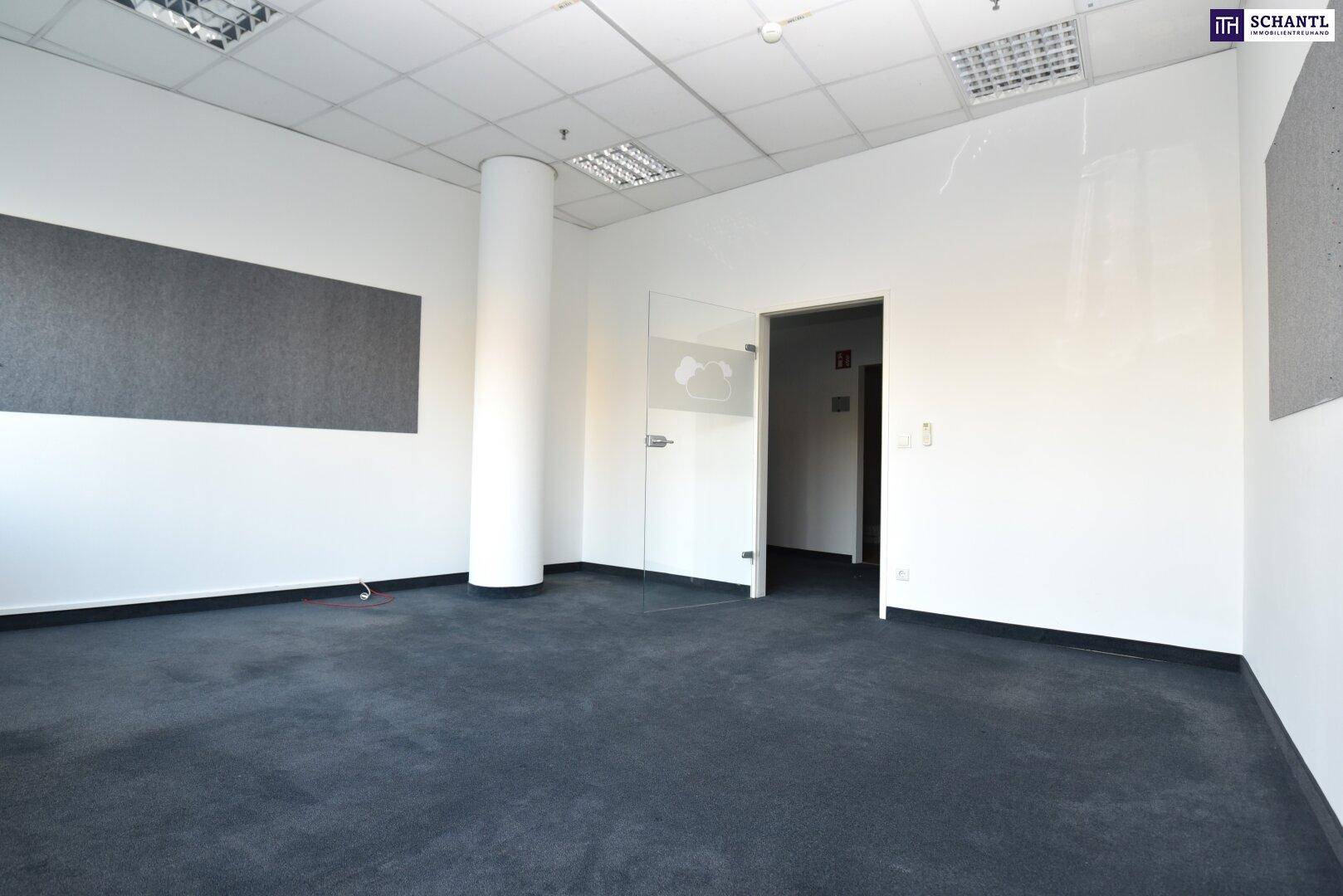 Leerer Büroraum mit Teppichboden, Säule und einer Glastür, die zu einem weiteren Bereich führt.