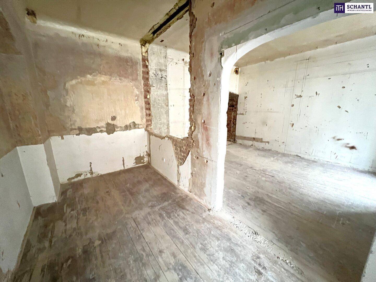 Großer Raum in Abrisszustand mit freigelegten Wänden und altem Holzboden, bereit für eine Neugestaltung.