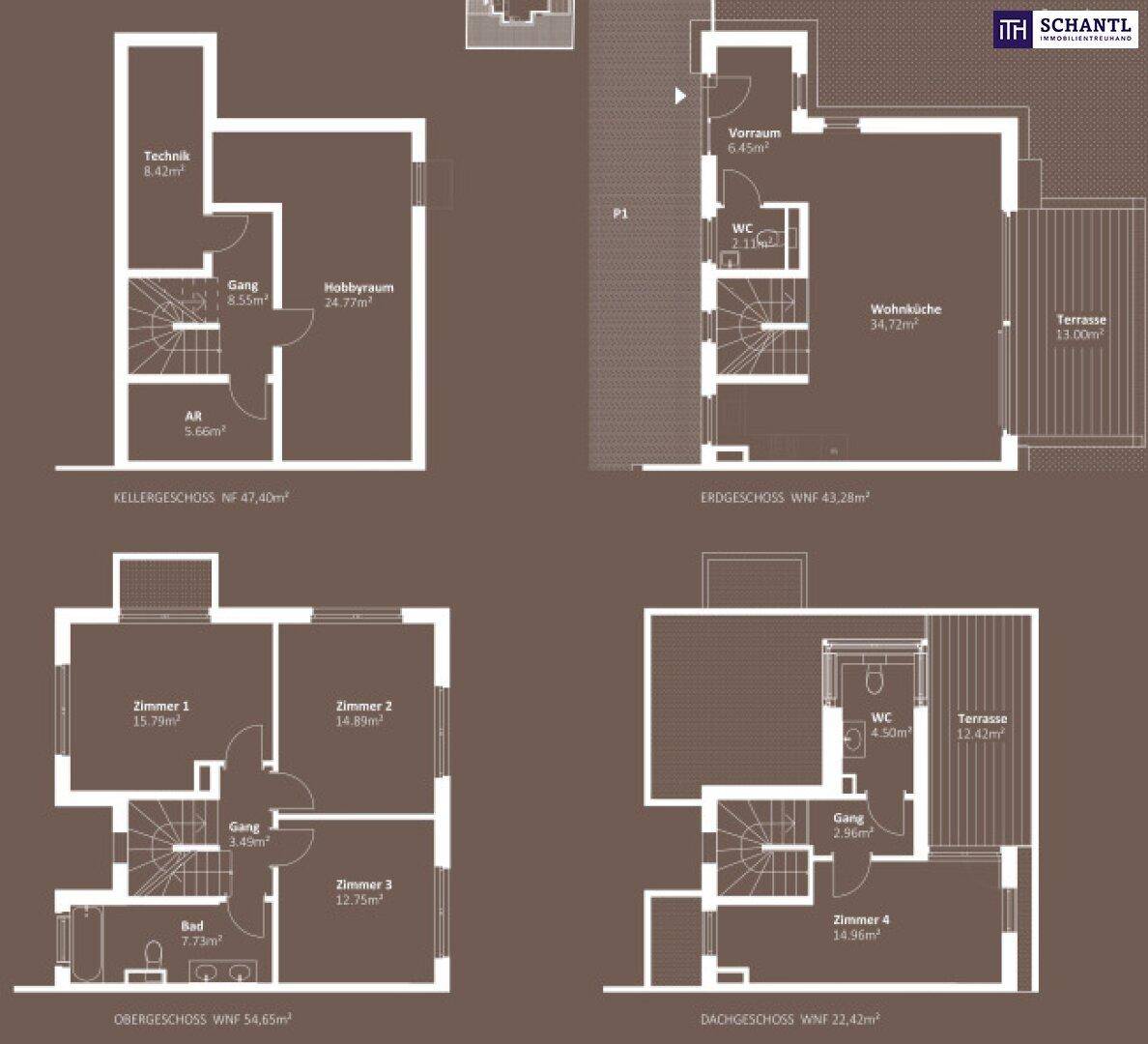 Grundrissplan eines Reihenhauses mit Keller, Erdgeschoss, Obergeschoss und Dachgeschoss.