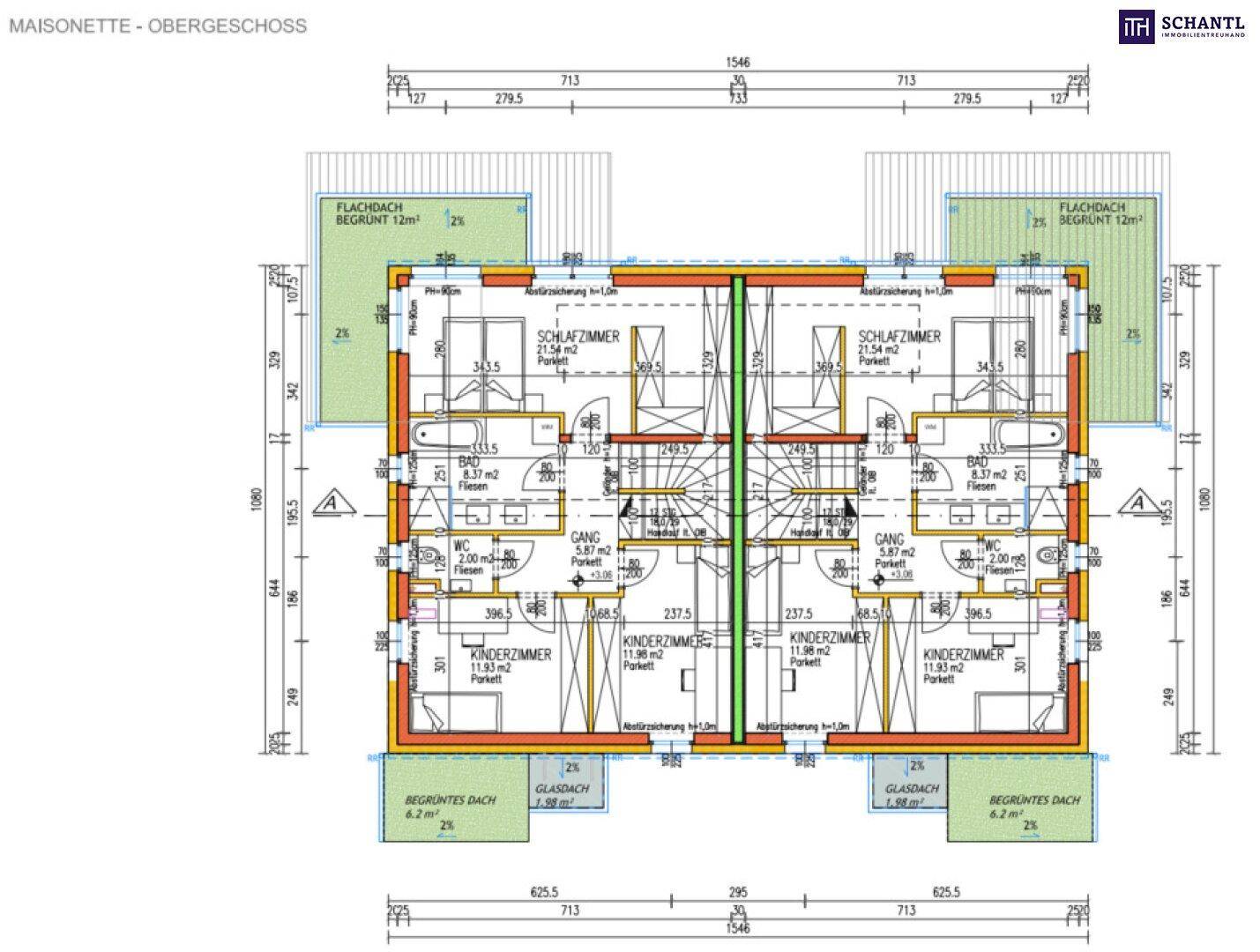 Grundriss des Obergeschosses einer Maisonette mit Schlafzimmern und Bädern.