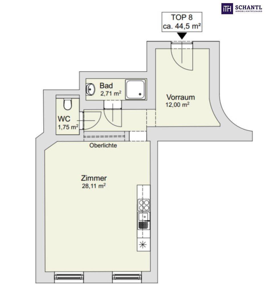 Grundriss der Wohnung Top 8 mit ca. 44,5 m², inklusive Zimmer, Bad und WC.
