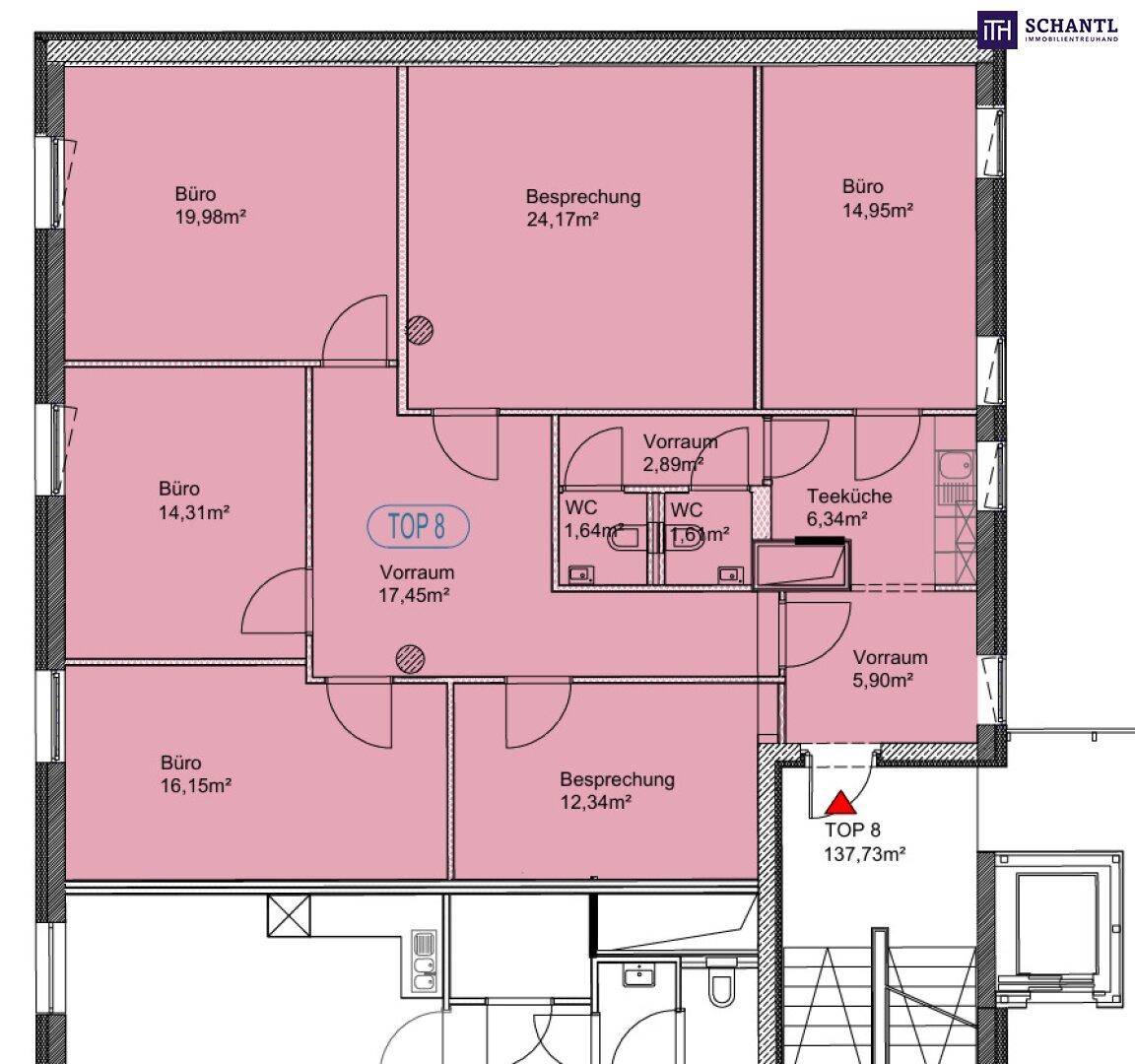 Detaillierter Grundriss mit Büroräumen, Besprechungszimmern, Teeküche und Toiletten.