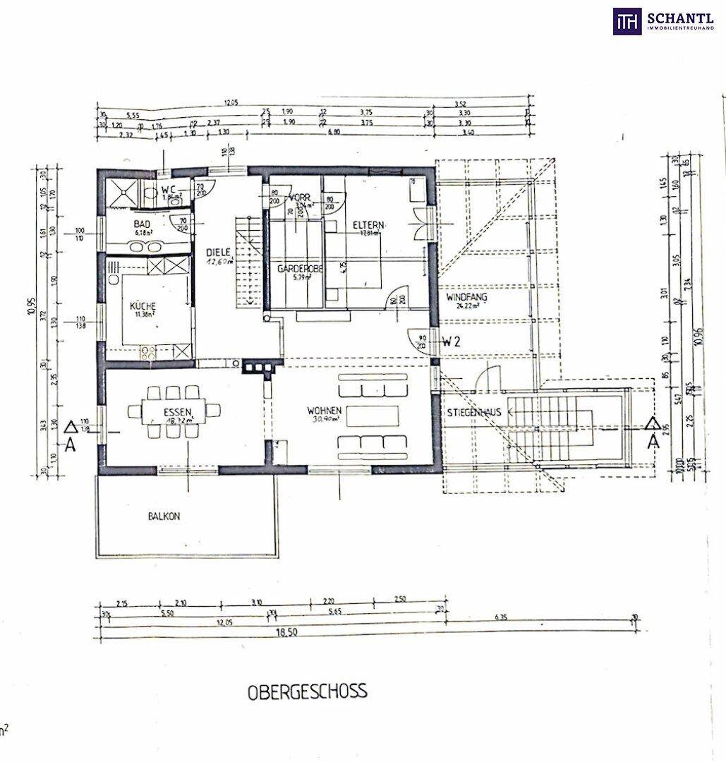 Detaillierter Grundriss des Obergeschosses mit Küche, Bad, Wohn- und Essbereich sowie Schlafzimmern.