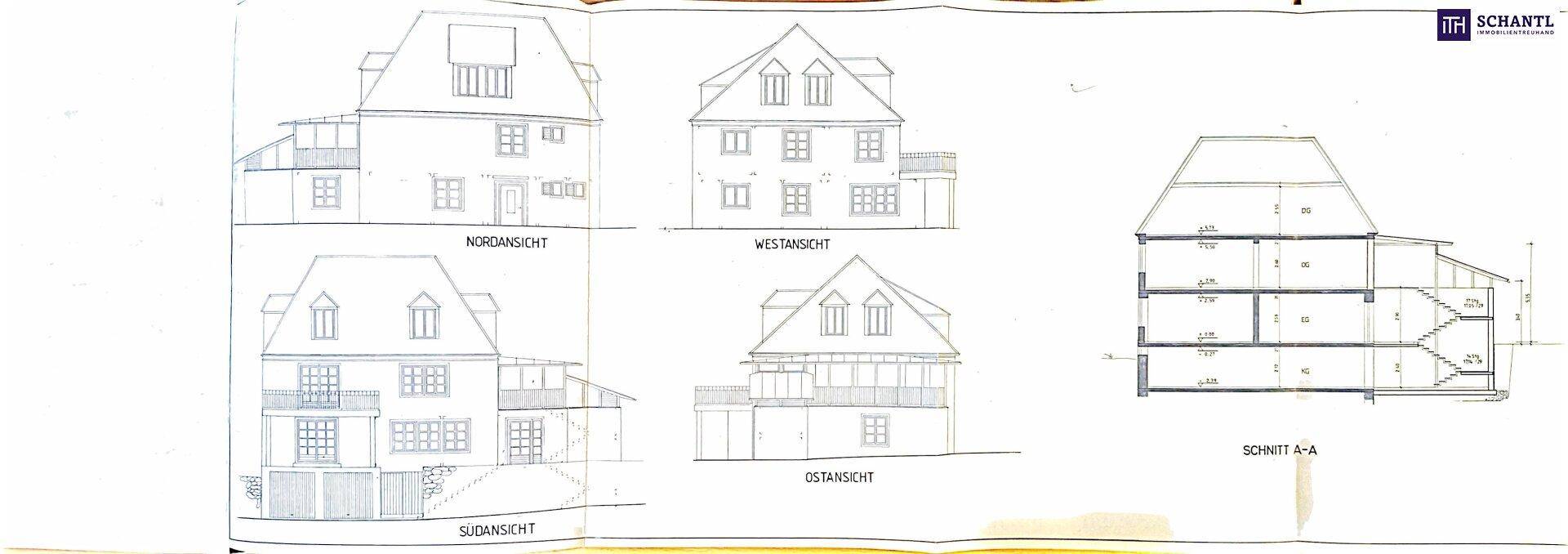 Architektonische Ansichten und ein Schnitt des Gebäudes aus verschiedenen Perspektiven.