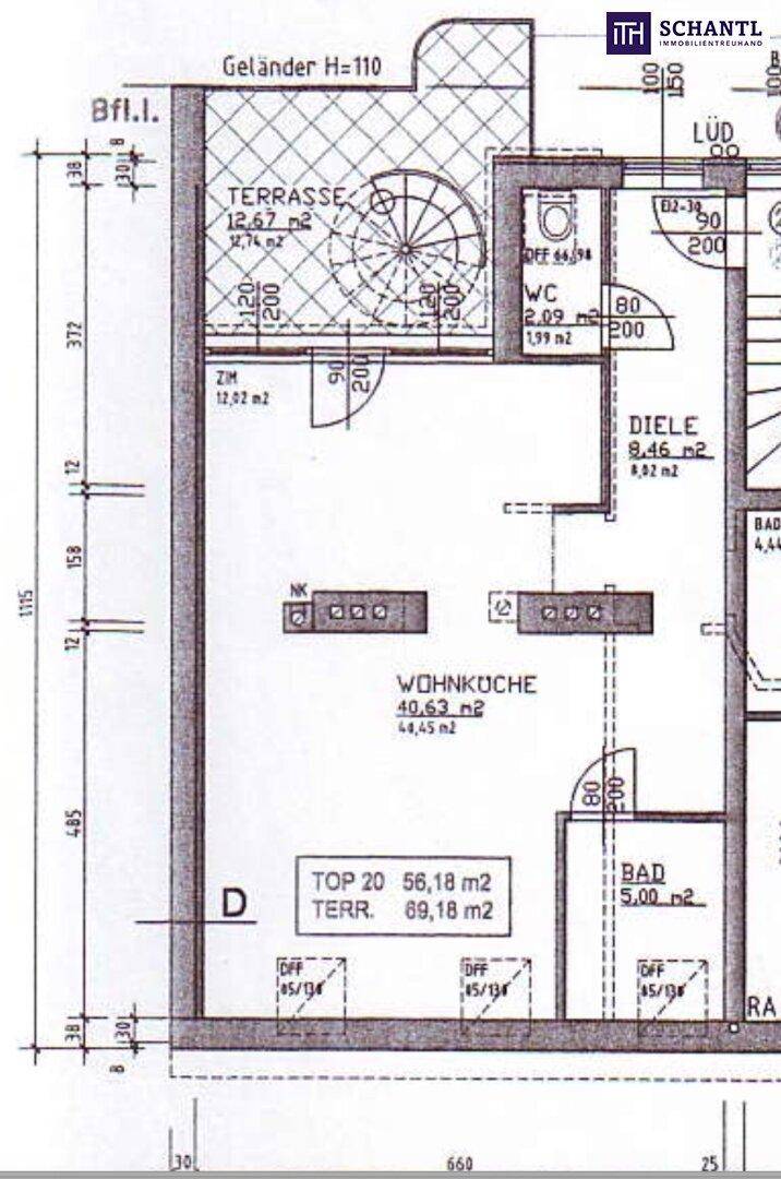 Grundriss zeigt eine Wohnküche, Terrasse, Bad und WC mit Raumaufteilung.