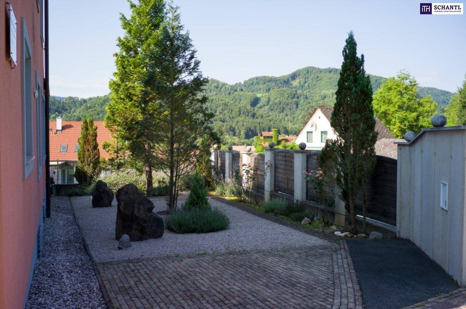 Vorgartenbereich mit Kies, großen Steinen und Bäumen, umgeben von einer grünen Hügellandschaft.