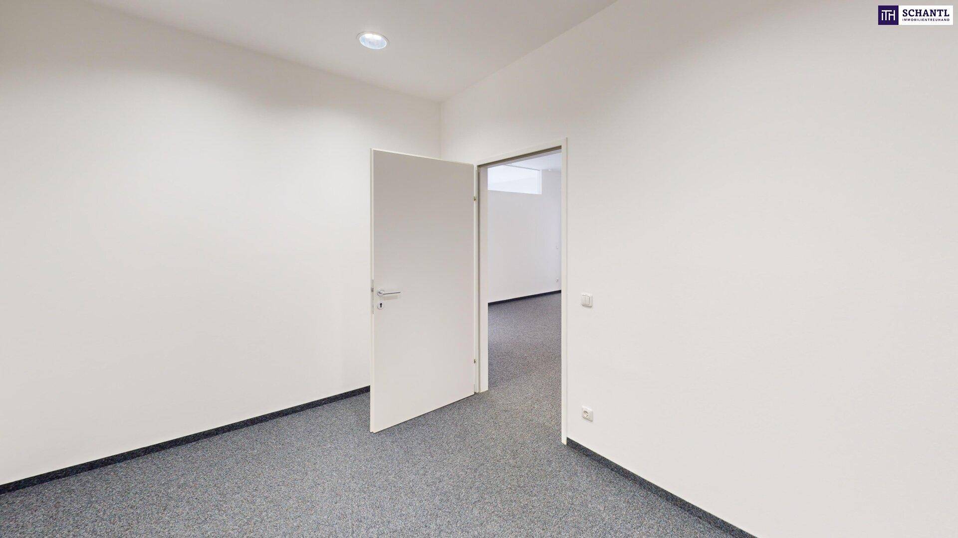 Geräumiger Büroraum mit grauem Teppichboden und einer offenen Tür zu einem angrenzenden Bereich.
